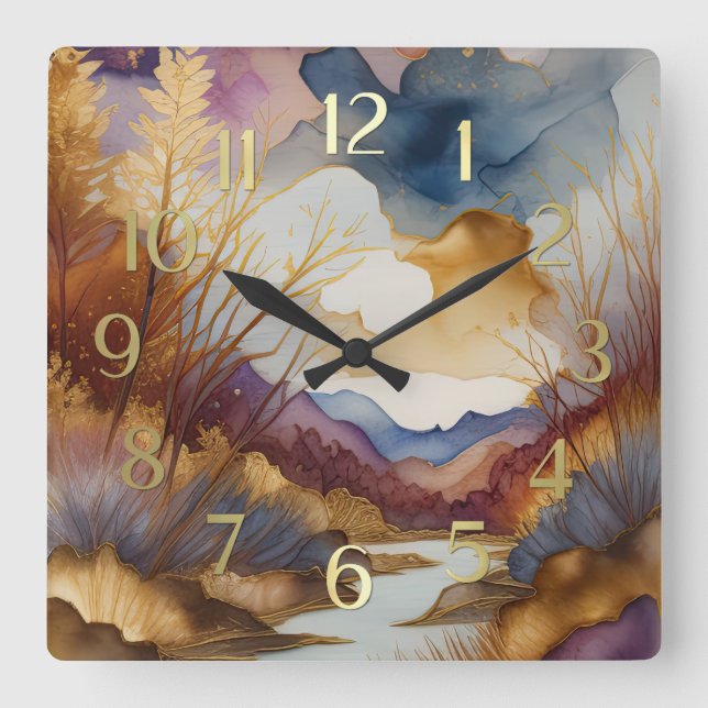 Abstract Landscape Painting Gold Blue Purple Square Wall Clock (Front)