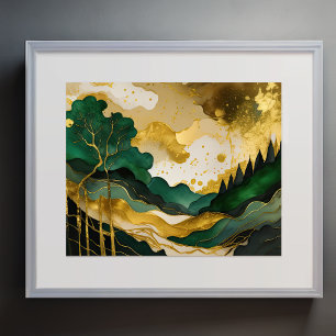 Abstract Landscape Painting Gold Green Poster