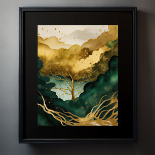 Abstract Landscape Painting Gold Green Poster