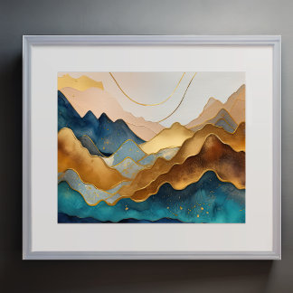 Abstract Landscape Painting Gold Peach Blue Poster