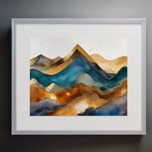 Abstract Landscape Painting Gold Rust Blue Poster