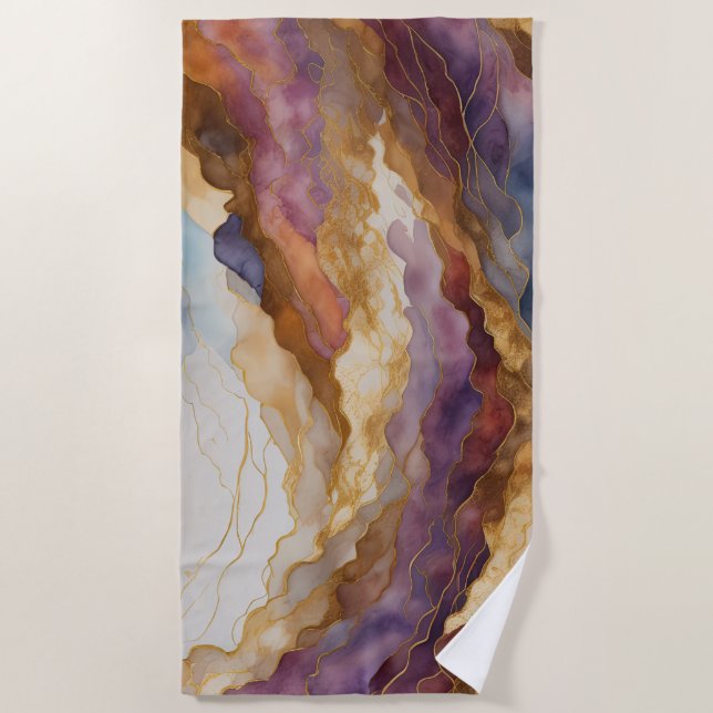 Abstract Landscape Purple Brown Blue Gold Beach Towel (Front)