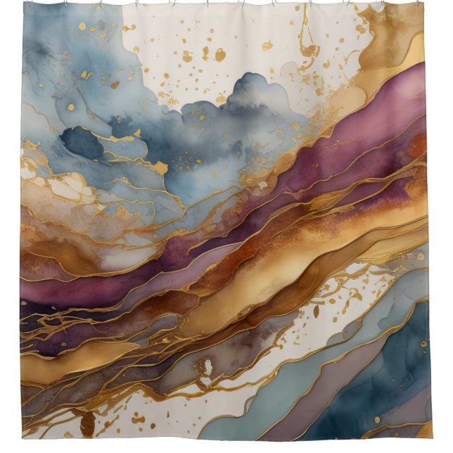 Abstract Landscape Purple Brown Blue Gold Shower Curtain (Front)