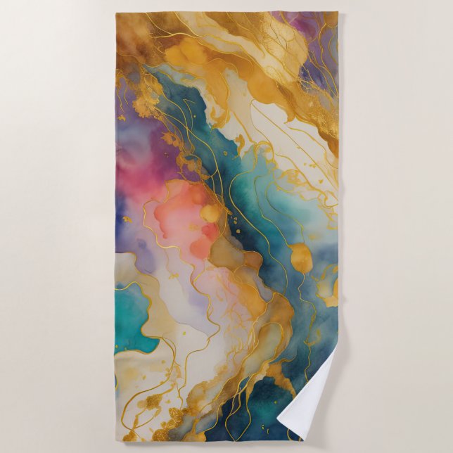 Abstract Landscape Purple Pink Blue Gold Beach Towel (Front)