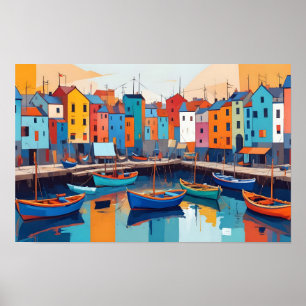 Abstract Landscape Village Port Background Art Poster