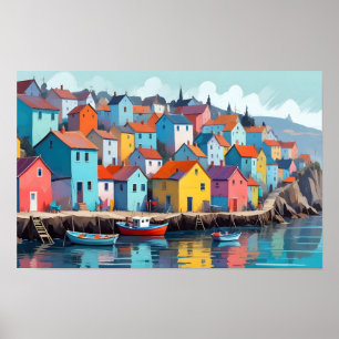 Abstract Landscape Village Port Background Art Poster