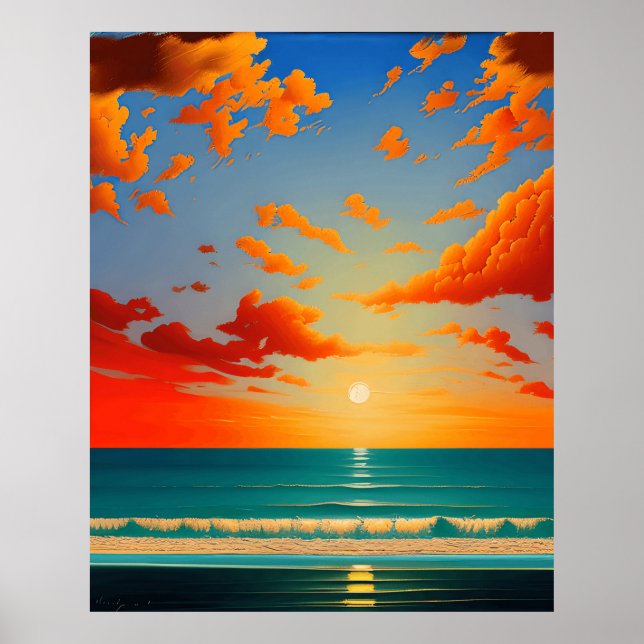 Abstract landscape with sunset blue orange simple poster (Front)