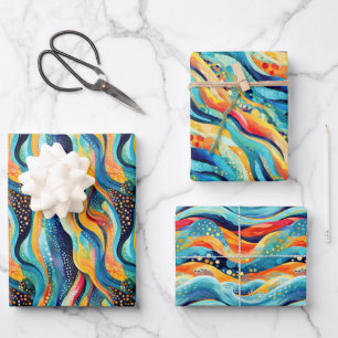 Abstract Landscape with Vibrant Waves and Playful Wrapping Paper Sheet
