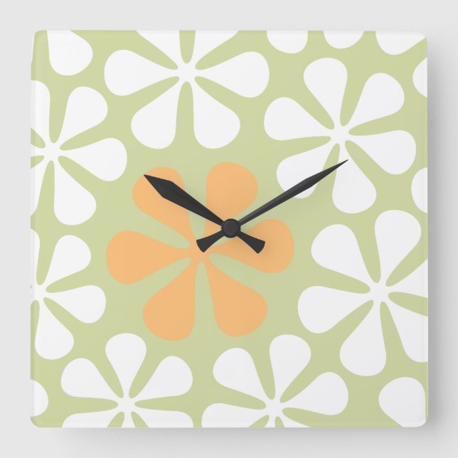 Abstract Large Flowers White & Orange on Lime Square Wall Clock (Front)