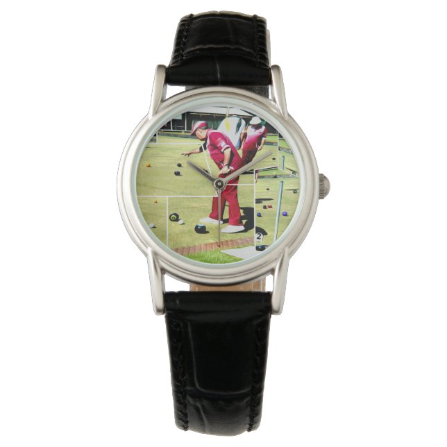 Abstract Lawn Bowls Oil Paint Ladies Leather Watch (Front)
