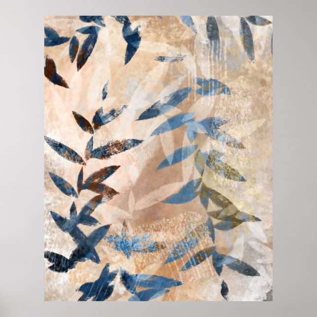 Abstract Layered Leaves - Blue and Neutral Poster (Front)