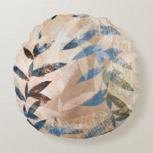 Abstract Layered Leaves - Blue and Neutral Round Cushion