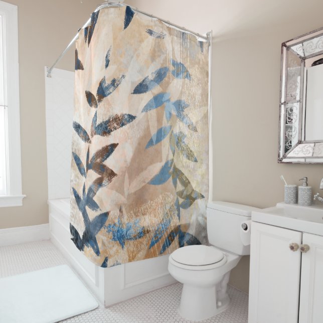 Abstract Layered Leaves - Blue and Neutral Shower Curtain (In Situ)
