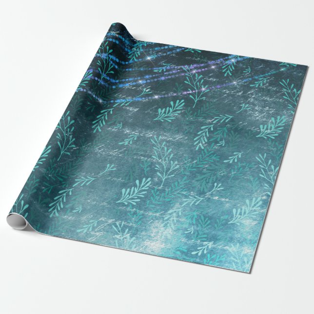 Abstract Leaves and String Lights on Green Wrapping Paper (Unrolled)