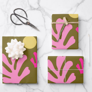 Abstract Leaves Cut Outs Shapes Olive Green Pink Wrapping Paper Sheet