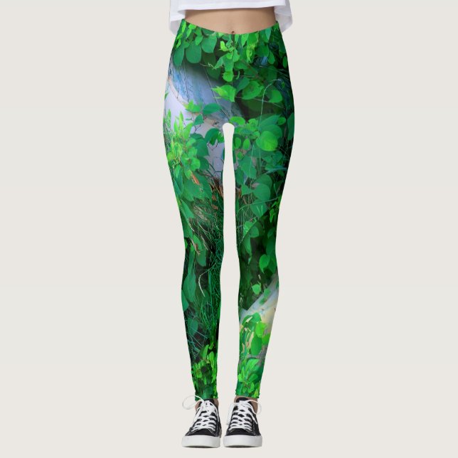 abstract leaves green leggings (Front)
