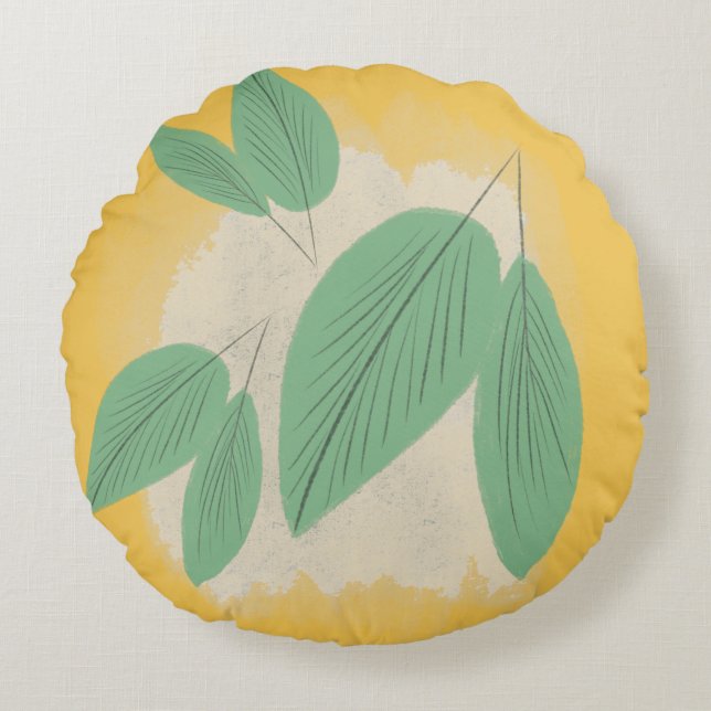 Abstract Leaves Greenery Yellow Illustration Round Cushion (Front)