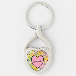 Abstract leaves heart pink gold green custom name key ring
