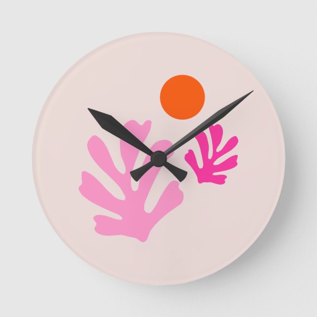 Abstract Leaves Pink Orange Modern Shapes Cut Outs Round Clock (Front)