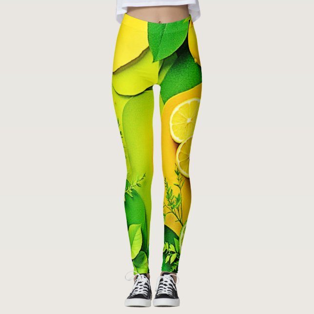 Abstract Lemon Lime Nature Art Leggings (Front)