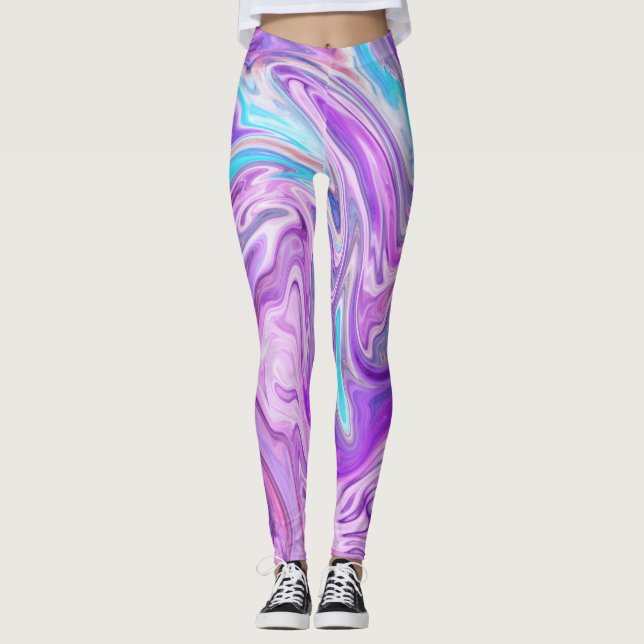 Abstract Light Blue Purple Liquid Swirl Leggings (Front)