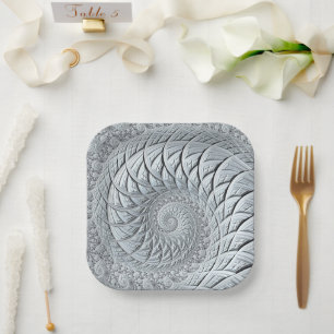 Abstract Light Grey Spiral Fractal Paper Plate