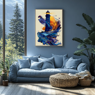 Abstract Lighthouse Liquid Art Coastal Colour Flow Poster