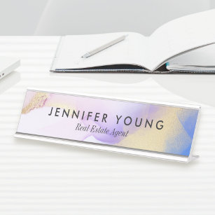 Abstract Lilac Watercolor Gold Luxury Customised Desk Name Plate
