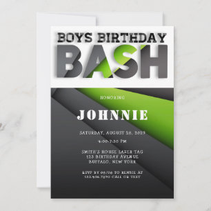 Abstract Lime Green Black Boys Bash Birthday Party Invitation