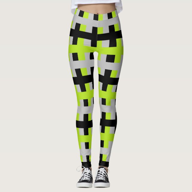 Abstract Lime Green, Silver and Black Leggings (Front)