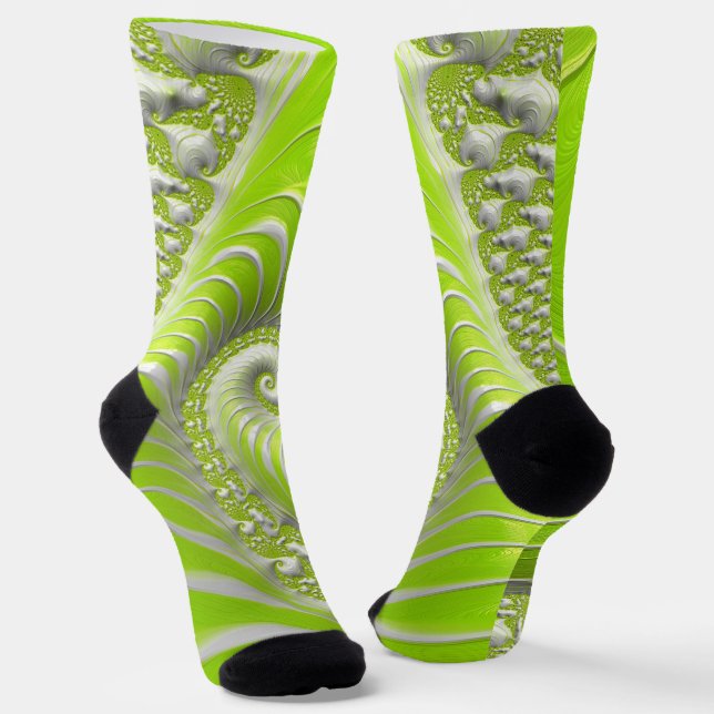 Abstract Lime Green Spiral Fractal Socks (Angled)