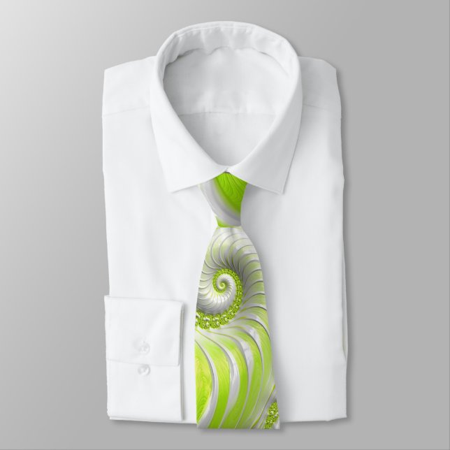 Abstract Lime Green Spiral Fractal Tie (Tied)