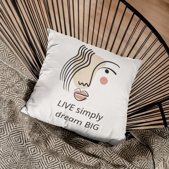Abstract Line Art Face Live Simply Dream Big Quote Cushion (The same design is on both sides)
