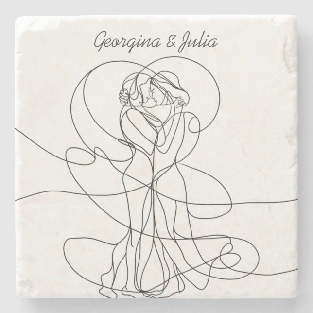 Abstract Line Art of Lesbian Couple With Names Stone Coaster (Front)
