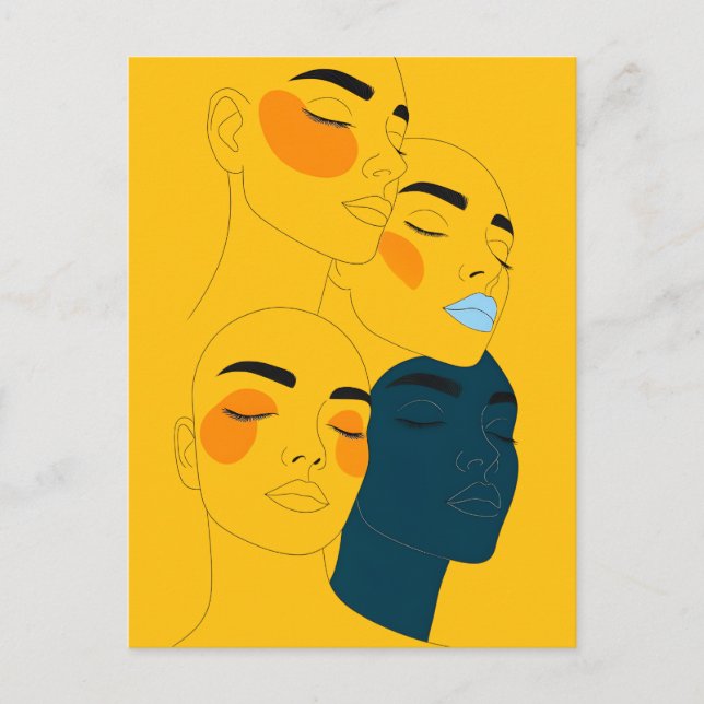 Abstract Line Art Print, Four Overlapping Faces Postcard (Front)