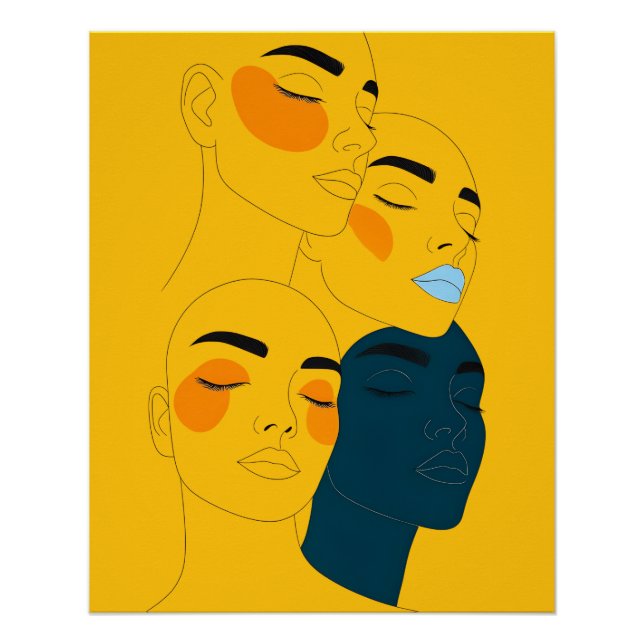 Abstract Line Art Print, Four Overlapping Faces Poster (Front)