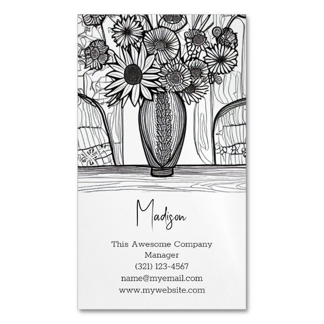 Abstract Line Drawing Floral Art Magnetic Business Card (Front Vertical)