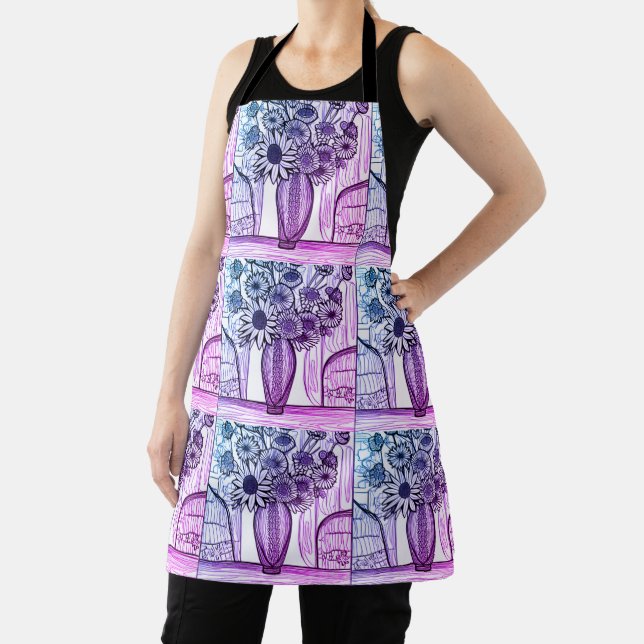 Abstract Line Drawing Floral Art Purple Blue Apron (Insitu)