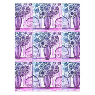 Abstract Line Drawing Floral Art Purple Blue Tablecloth