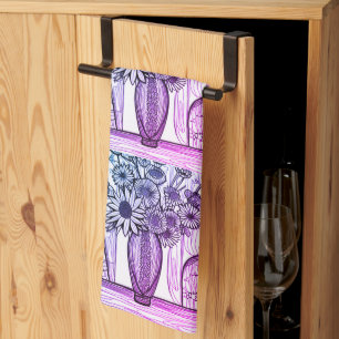 Abstract Line Drawing Floral Art Purple Blue Tea Towel