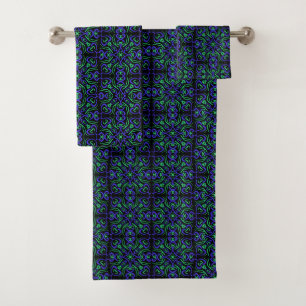 Abstract Line Pattern In Green Violet And Black Bath Towel Set