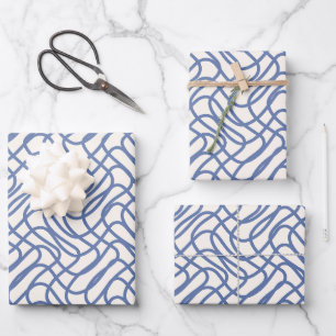 Abstract Line Pattern Light Blue on Cream White Wrapping Paper Sheet