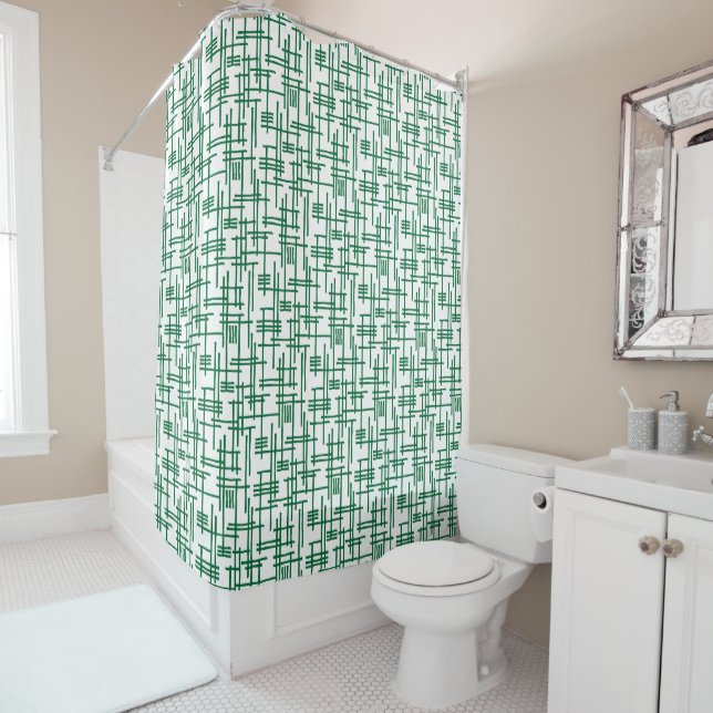 Abstract Lines 120923 - Forest Green on White Shower Curtain (In Situ)