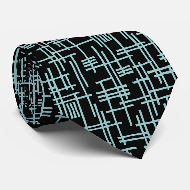 Abstract Lines 120923 - Light Blue Green on Black Tie (Rolled)