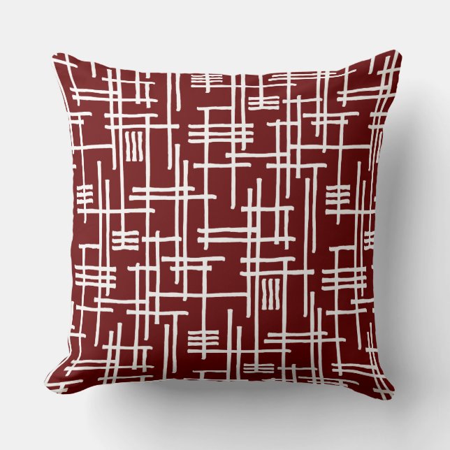 Abstract Lines 120923 - White on Dark Red Cushion (Front)