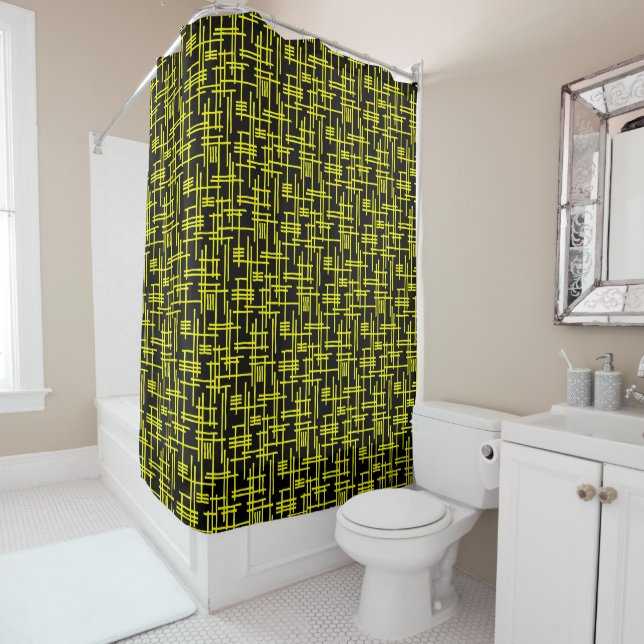 Abstract Lines 120923 - Yellow on Black Shower Curtain (In Situ)