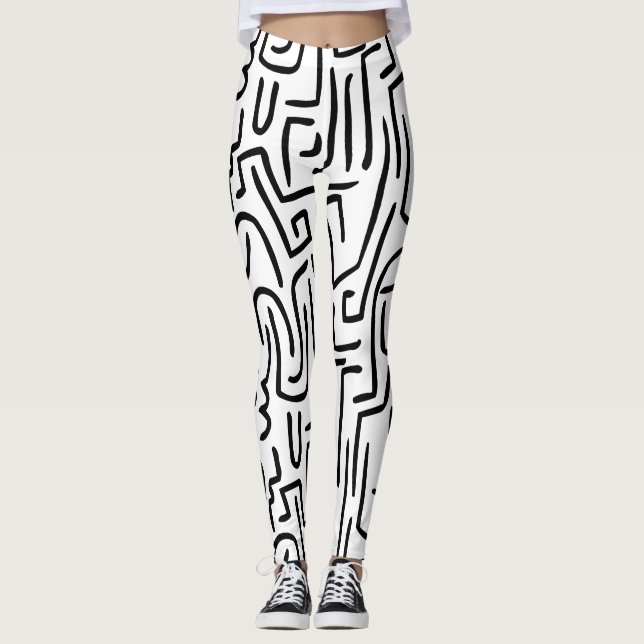 Abstract Lines 130318 - Black on White Leggings (Front)