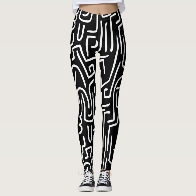 Abstract Lines 130318 - White on Black Leggings (Front)