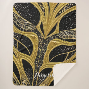 Abstract Lines Black and Gold Personalised Name Sherpa Blanket