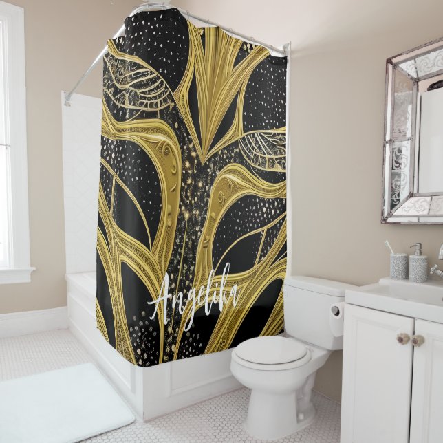 Abstract Lines Black and Gold Personalised Name  Shower Curtain (In Situ)